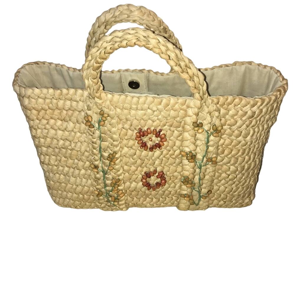 Skemo Large Luxury Woven Beach Tote straw raffia natural beads - Picture 2 of 6